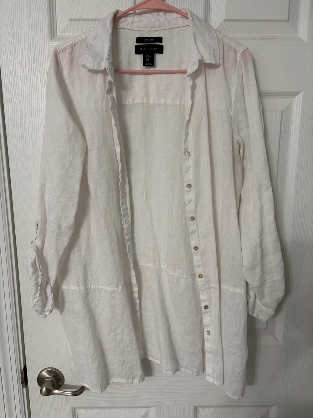 Tahari White Linen Open-Front Tunic Shirt
